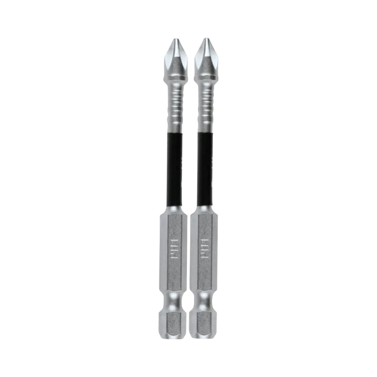 Two identical Go Build 3 in. IMPACT XPS #1 Phillips Power Bits, each with a silver finish and black bands in the center, both ends featuring Phillips heads, are placed side by side on a white background.